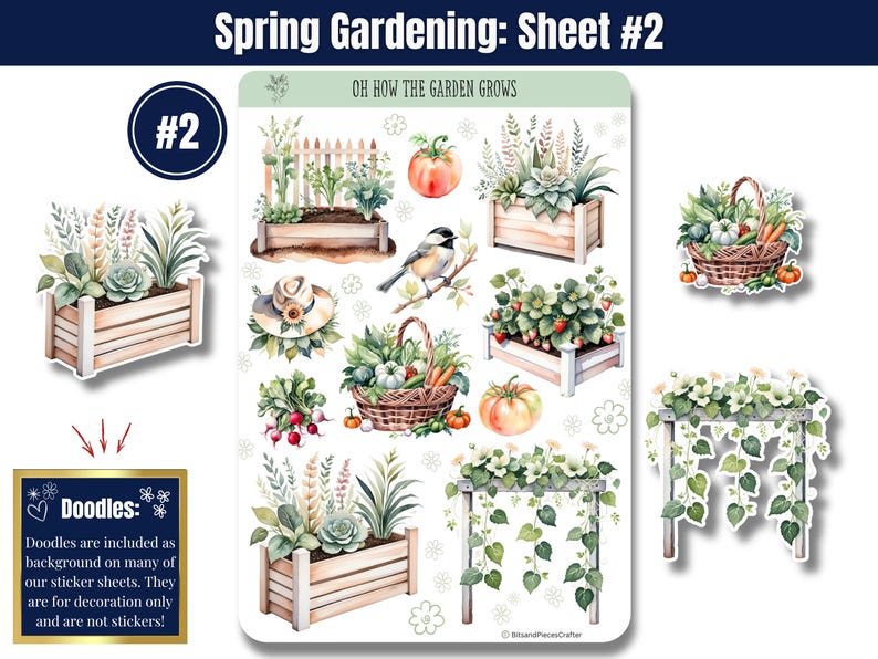 Bring your love of gardening to life with these gardening stickers in soft greens and neutrals! Featuring vegetable gardens, tools, flowers, sprouts, seed trays, trellises, wind chimes, a gnome, and more, plus an embellishment page. Perfect for planners, journals, and scrapbooking. Printed on high-quality matte or glossy vinyl for vibrant, long-lasting colors. A must-have for any garden lover! 🌿✨