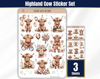 Highland Cow Sticker Sheets, Watercolor Animal Journal Stickers, BuJo Planner Stickers, All Seasons Aesthetic Scrapbook stickers, Fluffy Cow