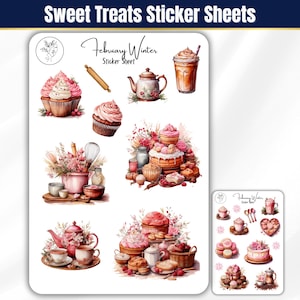 Sweet Treat Sticker Sheets: Pink Winter Journaling Stickers, Baked Goods, chocolate, cupcakes, cakes and milkshakes stickers for planner