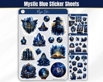 May include: A collection of Mystic Blue sticker sheets featuring watercolor-style illustrations of a butterfly, a witch in a hat, a crystal cluster, candles, a glowing open book, a hooded figure, a crystal ball, and various magical potion bottles.