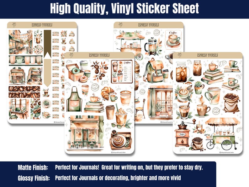 Indulge in the ultimate coffee experience with this beautifully designed Coffee Lover’s Sticker Pack! Whether you're a coffee enthusiast, planner addict, or journaling lover, this 4-sheet sticker set brings the warm and cozy vibes of your favorite café right to your creative space. Featuring coffee cups, café scenes, baked goods, and cozy coffee moments, these high-quality stickers are perfect for decorating planners, scrapbooks, bullet journals, and more!
