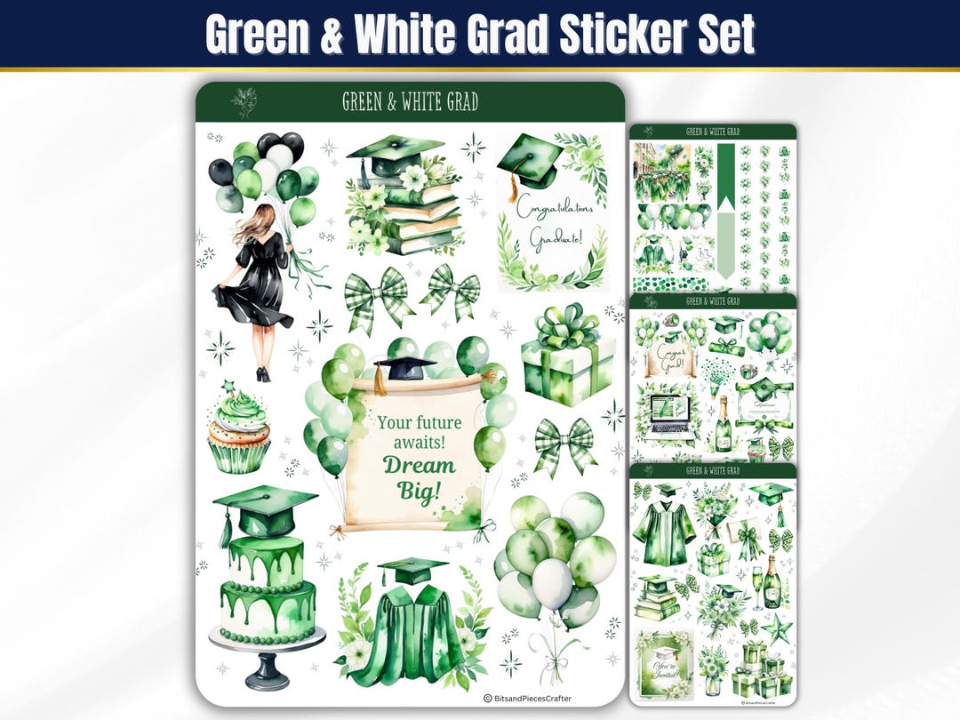Green and White Graduation Sticker Sheets, Watercolor Graduation ...