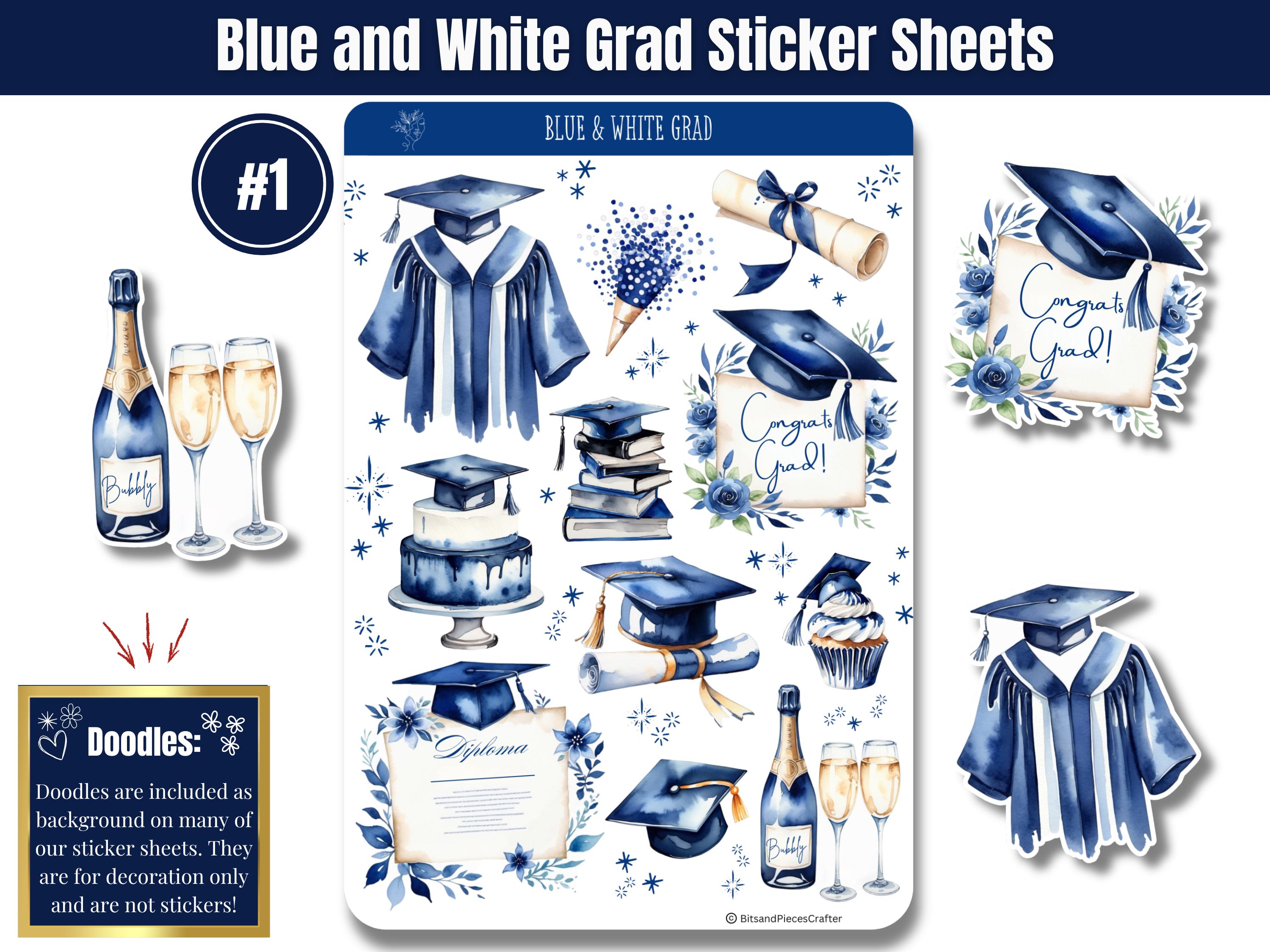 Blue and White Grad Sticker Sheets, Watercolor Graduation Stickers ...