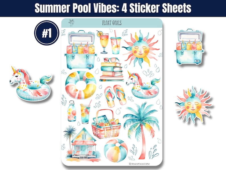 Summer Planner Sticker Sheets, Pool Float Watercolor Stickers for ...