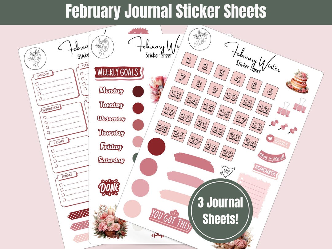 February Text Stickers February Journal Sticker Sheets, Pink Stickers, Journalling Stickers ...