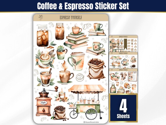 Coffee Sticker Sheets, Coffee Lover Planner Stickers, Espresso coffee & cold brew Stickers, Coffee Addict Journal Stickers, coffee aesthetic