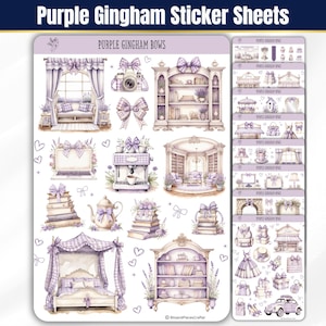 May include: A collection of purple gingham sticker sheets featuring illustrations of bows, furniture, home decor, and household items. The text 'PURPLE GINGHAM BOWS' is printed at the top of each sheet, showcasing various scenes in a soft purple color palette.