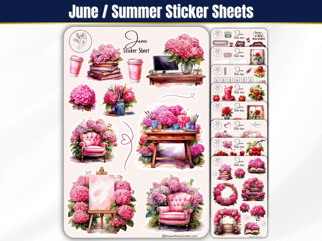 June Sticker Sheets, Summer Planner and Journal Stickers, Strawberry ...