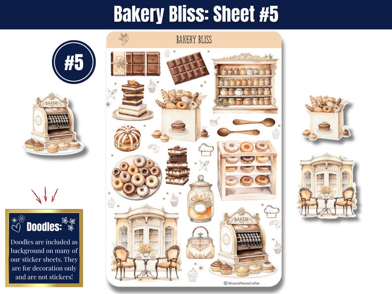 Step into the warm, buttery aroma of your favorite neighborhood bakery with “Bakery Bliss” — Sticker Sheets filled with pastries, kitchen tools, and all the sweet details that make baking so magical. Designed in soft tans, creamy whites, and gentle browns, this set brings the charm of a cozy bakery straight to your planner, journal, or craft project.