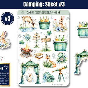 Cozy up to the wild with these whimsical sticker sheets in calming greens and blues. Featuring tents, forest animals, campfires, lanterns, backpacks, and more, these charming stickers bring all the magic of the outdoors to your planner or journal. Includes a page of printed washi-style strips for fun borders and accents—perfect for Hobonichi, Happy Planner & more.