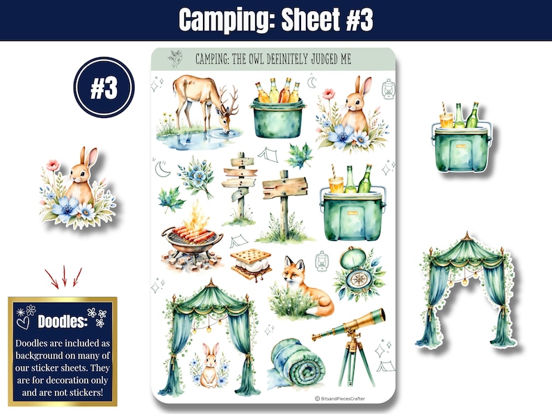 Cozy up to the wild with these whimsical sticker sheets in calming greens and blues. Featuring tents, forest animals, campfires, lanterns, backpacks, and more, these charming stickers bring all the magic of the outdoors to your planner or journal. Includes a page of printed washi-style strips for fun borders and accents—perfect for Hobonichi, Happy Planner & more.