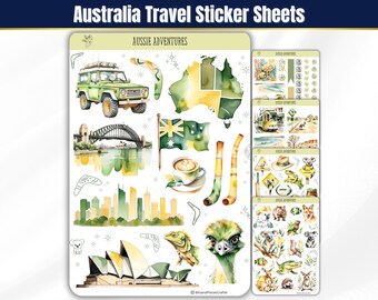 Australia Adventure Sticker Sheets: Travel Scrapbook Planner Stickers, Watercolor Inspired Planner Stickers, Journal and Scrapbook Stickers
