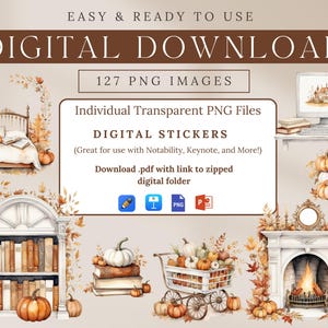 Autumn Aesthetic Digital Sticker Book with 127 professionally edited watercolor-style digital stickers. Includes a pre-cropped GoodNotes file and transparent PNGs for Notability, Penly, Samsung Notes, Xodo, and more. Instant digital download only—no physical product will be shipped.