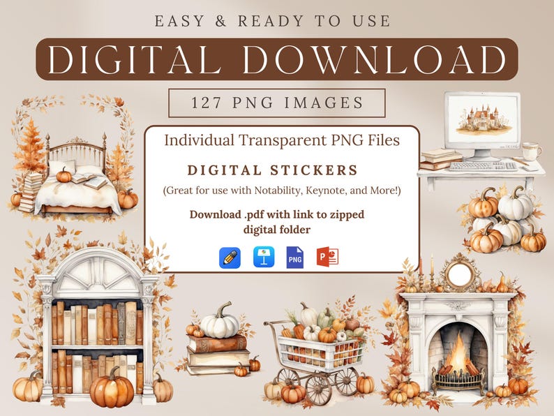 Autumn Aesthetic Digital Sticker Book with 127 professionally edited watercolor-style digital stickers. Includes a pre-cropped GoodNotes file and transparent PNGs for Notability, Penly, Samsung Notes, Xodo, and more. Instant digital download only—no physical product will be shipped.