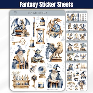 May include: Fantasy sticker sheets featuring watercolor illustrations of dragons, wizards, keys, hourglasses, and other magical elements. The text "Fantasy Sticker Sheets" and "Keepers of the Realm" are visible. The stickers are in shades of blue, gold, and brown.