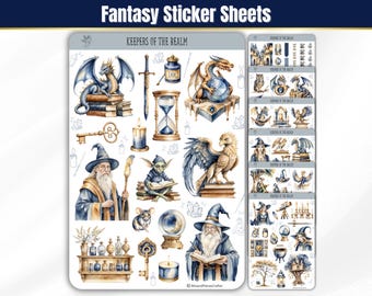 May include: Fantasy sticker sheets featuring watercolor illustrations of dragons, wizards, keys, hourglasses, and other magical elements. The text "Fantasy Sticker Sheets" and "Keepers of the Realm" are visible. The stickers are in shades of blue, gold, and brown.