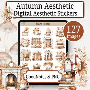 Autumn Aesthetic Digital Sticker Book with 127 professionally edited watercolor-style digital stickers. Includes a pre-cropped GoodNotes file and transparent PNGs for Notability, Penly, Samsung Notes, Xodo, and more. Instant digital download only—no physical product will be shipped.
