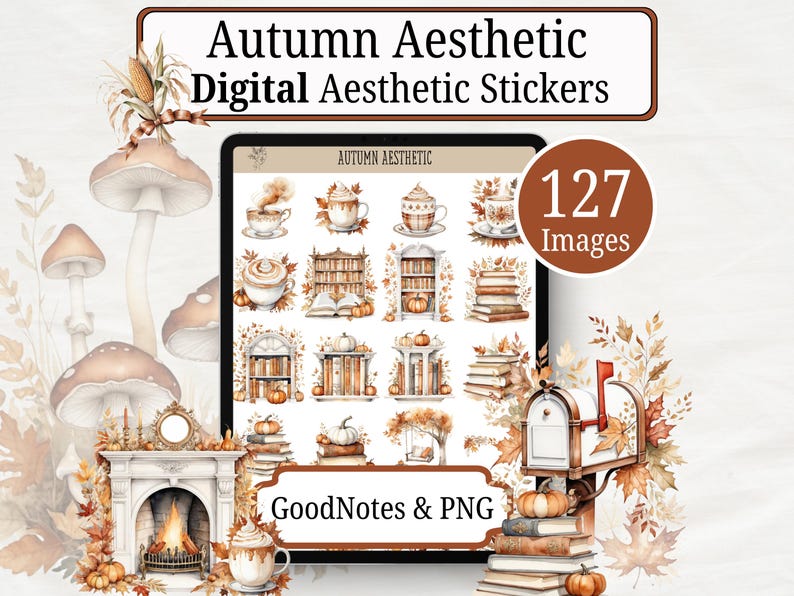 Autumn Aesthetic Digital Sticker Book with 127 professionally edited watercolor-style digital stickers. Includes a pre-cropped GoodNotes file and transparent PNGs for Notability, Penly, Samsung Notes, Xodo, and more. Instant digital download only—no physical product will be shipped.