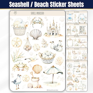 May include: Seashell and beach-themed sticker sheets. The stickers feature watercolor illustrations of seashells, crabs, sand dollars, seagulls, a sandcastle, and an umbrella. The text "SHELL OBSESSED" is visible on the sticker sheets.