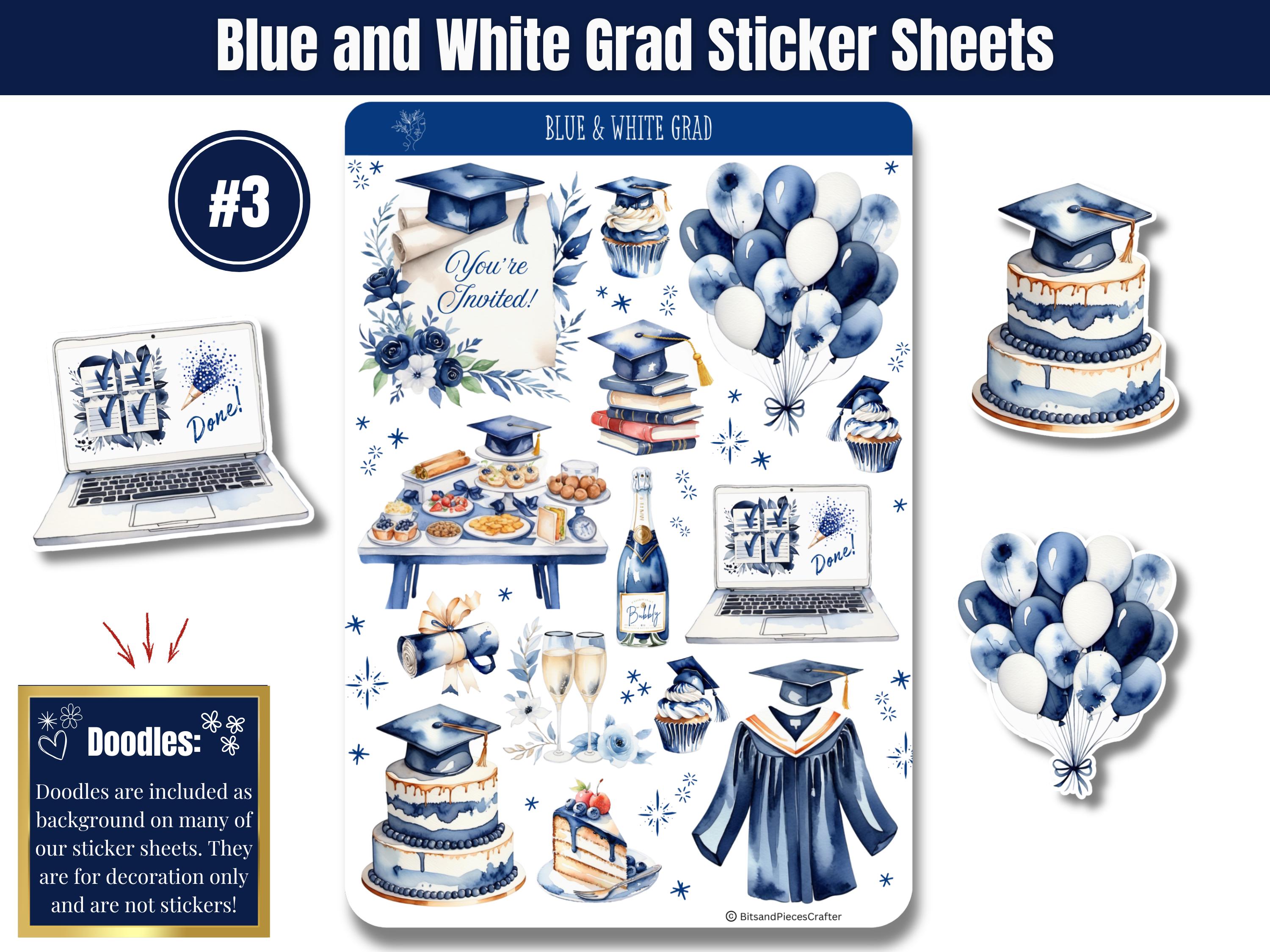 Blue and White Grad Sticker Sheets, Watercolor Graduation Stickers ...