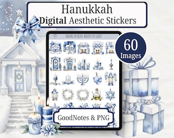 Hanukkah Digital Sticker Book, 60 Digital Stickers for GoodNotes, Notability & More, Winter Seasonal Digital Stickers Download, Transparent