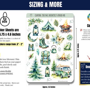 Cozy up to the wild with these whimsical sticker sheets in calming greens and blues. Featuring tents, forest animals, campfires, lanterns, backpacks, and more, these charming stickers bring all the magic of the outdoors to your planner or journal. Includes a page of printed washi-style strips for fun borders and accents—perfect for Hobonichi, Happy Planner & more.
