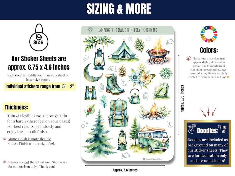 Cozy up to the wild with these whimsical sticker sheets in calming greens and blues. Featuring tents, forest animals, campfires, lanterns, backpacks, and more, these charming stickers bring all the magic of the outdoors to your planner or journal. Includes a page of printed washi-style strips for fun borders and accents—perfect for Hobonichi, Happy Planner & more.