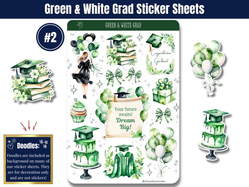 Green and White Graduation Sticker Sheets, Watercolor Graduation ...