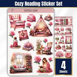 Reading Sticker Sheets, Chapters & Charm Planner Stickers, BUJOStickers, Pink Book Aesthetic Scrapbook Stickers, Book Lover Bookish Stickers