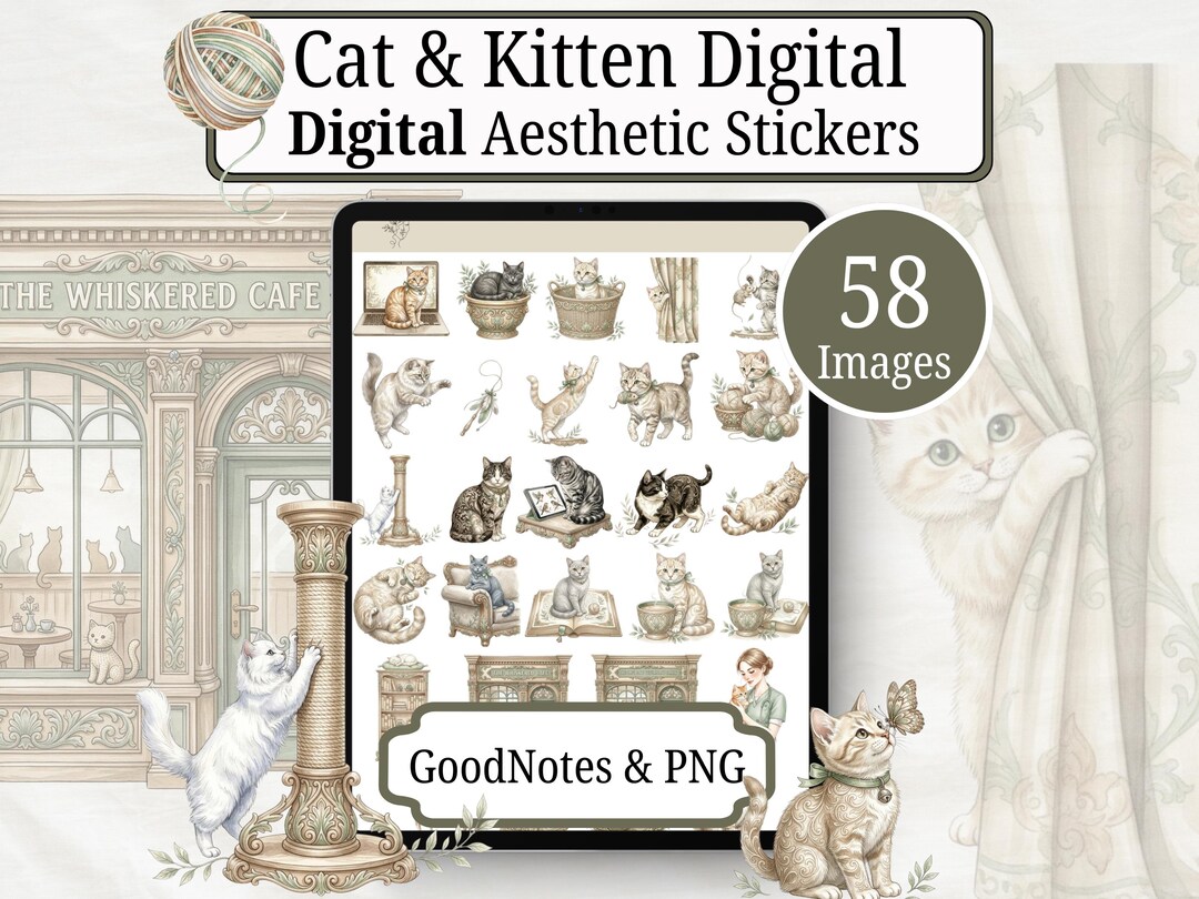 Cat Digital Sticker Book, 58 Cat Stickers for Goodnotes and Notability ...
