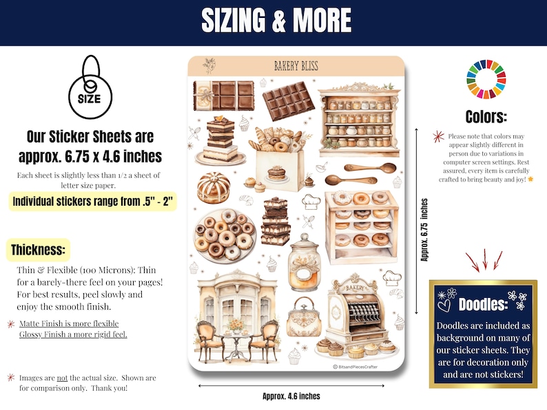 Step into the warm, buttery aroma of your favorite neighborhood bakery with “Bakery Bliss” — Sticker Sheets filled with pastries, kitchen tools, and all the sweet details that make baking so magical. Designed in soft tans, creamy whites, and gentle browns, this set brings the charm of a cozy bakery straight to your planner, journal, or craft project.