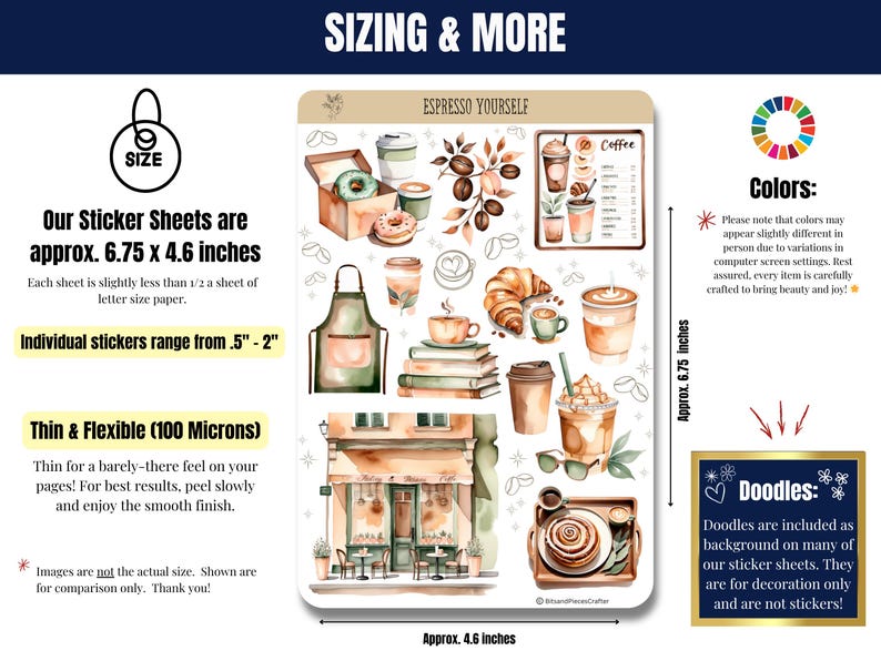 Indulge in the ultimate coffee experience with this beautifully designed Coffee Lover’s Sticker Pack! Whether you're a coffee enthusiast, planner addict, or journaling lover, this 4-sheet sticker set brings the warm and cozy vibes of your favorite café right to your creative space. Featuring coffee cups, café scenes, baked goods, and cozy coffee moments, these high-quality stickers are perfect for decorating planners, scrapbooks, bullet journals, and more!