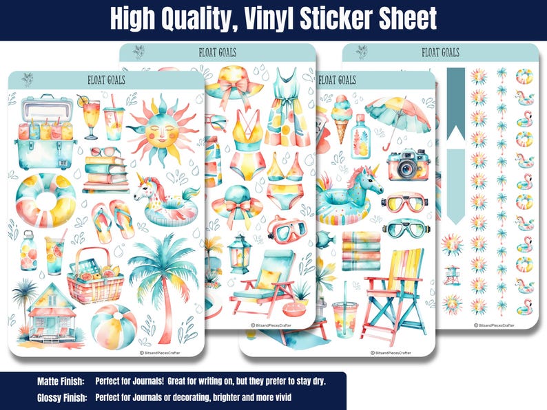Summer Planner Sticker Sheets, Pool Float Watercolor Stickers for ...