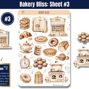 Step into the warm, buttery aroma of your favorite neighborhood bakery with “Bakery Bliss” — Sticker Sheets filled with pastries, kitchen tools, and all the sweet details that make baking so magical. Designed in soft tans, creamy whites, and gentle browns, this set brings the charm of a cozy bakery straight to your planner, journal, or craft project.