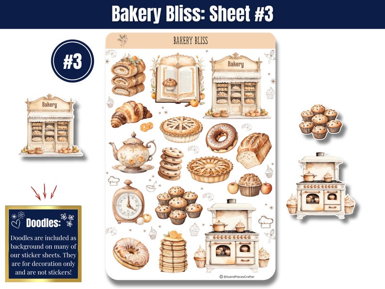 Step into the warm, buttery aroma of your favorite neighborhood bakery with “Bakery Bliss” — Sticker Sheets filled with pastries, kitchen tools, and all the sweet details that make baking so magical. Designed in soft tans, creamy whites, and gentle browns, this set brings the charm of a cozy bakery straight to your planner, journal, or craft project.