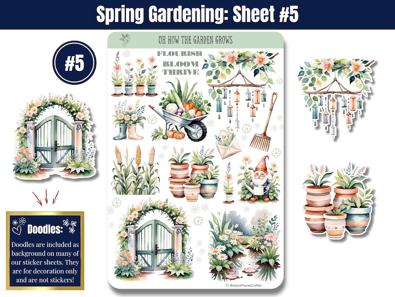 Bring your love of gardening to life with these gardening stickers in soft greens and neutrals! Featuring vegetable gardens, tools, flowers, sprouts, seed trays, trellises, wind chimes, a gnome, and more, plus an embellishment page. Perfect for planners, journals, and scrapbooking. Printed on high-quality matte or glossy vinyl for vibrant, long-lasting colors. A must-have for any garden lover! 🌿✨