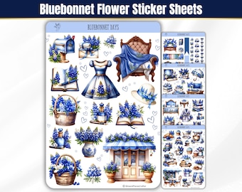 May include: Two sticker sheets featuring watercolor illustrations of bluebonnet flowers and related items. The designs include a dress, hat, basket, and other decorative elements. The text "Bluebonnet Days" is displayed on the stickers.