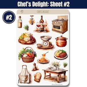 Cooking and Baking Planner Sticker Sheets, Watercolor Kitchen Journal Stickers, BuJo Scrapbook Stickers, Cottagecore Chef Aesthetic Stickers 画像 3