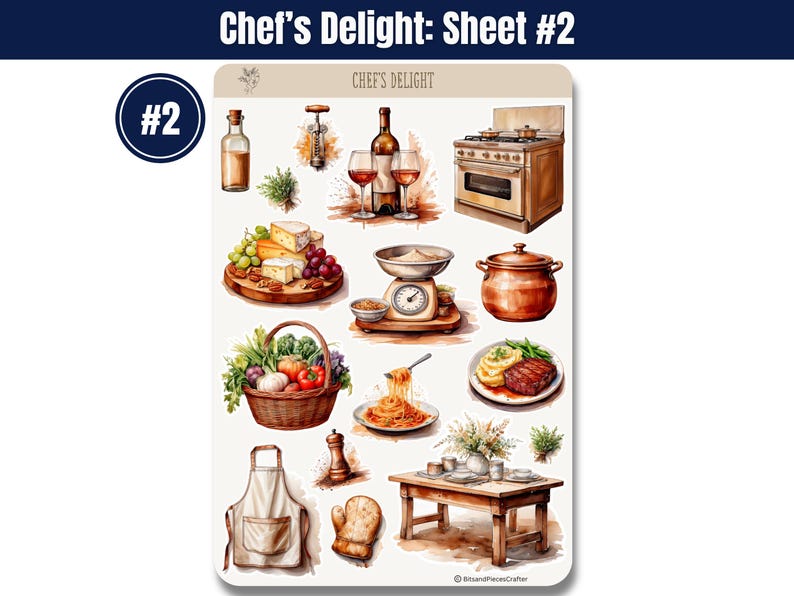 Cooking and Baking Planner Sticker Sheets, Watercolor Kitchen Journal Stickers, BuJo Scrapbook Stickers, Cottagecore Chef Aesthetic Stickers 画像 3
