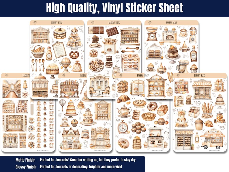 Step into the warm, buttery aroma of your favorite neighborhood bakery with “Bakery Bliss” — Sticker Sheets filled with pastries, kitchen tools, and all the sweet details that make baking so magical. Designed in soft tans, creamy whites, and gentle browns, this set brings the charm of a cozy bakery straight to your planner, journal, or craft project.