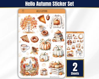 Hallo Herfst Stickervel Set, Aquarel Oogst Journal Stickers, BuJo Planner Stickers, Herfst Pompoen Seizoensesthetiek, Pompoen Planner