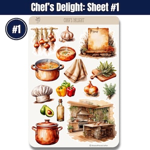 Cooking and Baking Planner Sticker Sheets, Watercolor Kitchen Journal Stickers, BuJo Scrapbook Stickers, Cottagecore Chef Aesthetic Stickers 画像 2