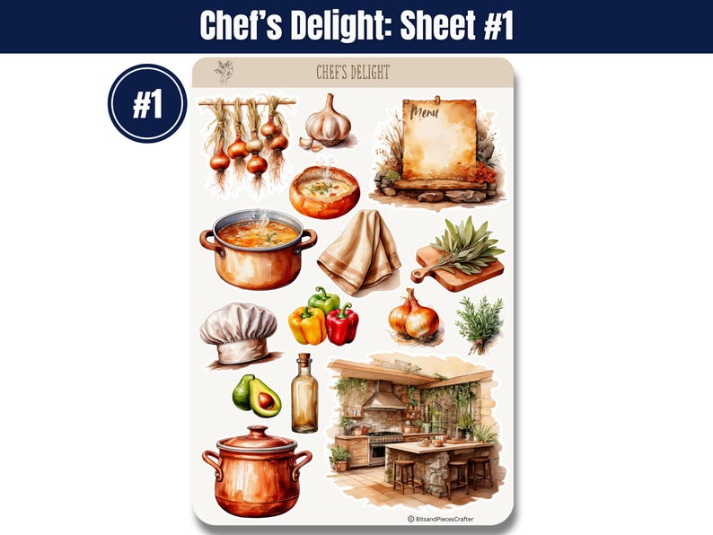 Cooking and Baking Planner Sticker Sheets, Watercolor Kitchen Journal Stickers, BuJo Scrapbook Stickers, Cottagecore Chef Aesthetic Stickers 画像 2