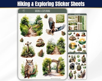 Seasonal Hiking Sticker Sheets, Watercolor Adventure Journal Stickers, BuJo and Planner Stickers, Summer Travel Aesthetic, Camping Stickers
