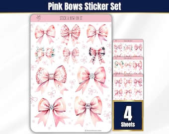 Pink Bow Coquette Sticker Sheets, Watercolor Journal Stickers, BuJo Planner Stickers, Messy Bow Aesthetic Scrapbook Stickers, Pink Planner