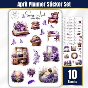 Spring Sticker Sheets, Purple Planner Stickers, Journal and Scrapbooking Stickers, Junk journal Sticker Sheet, April 2025 Planner Stickers