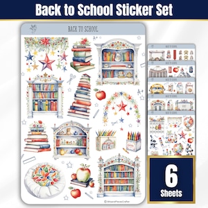 May include: Back to School sticker set featuring watercolor illustrations of books, bookshelves, apples, stars, and pencils. The set includes six sheets of stickers with various designs and the words "Back to School".