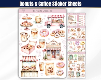 Donut Sticker Sheets, Planner Stickers, BUJO Stickers, Pink Aesthetic Stickers, Coffee & Donuts Watercolor Stickers for Seasonal Planner
