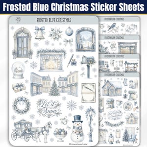 Peut inclure: Plusieurs planches d'autocollants intitulées Frosted Blue Christmas présentant des illustrations à l'aquarelle de scènes hivernales, un bonhomme de neige, une calèche, une cheminée, une couronne, des flocons et le texte Let it Snow et Winter Wonderland.