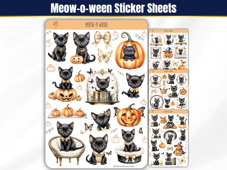 Black Cat Halloween Sticker Sheets, Fall Planner Stickers, BUJO ...